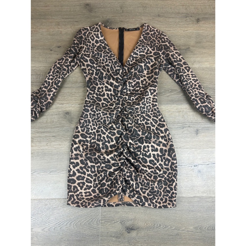 Zara Basic Leopard Print Ruched V-Neck Mini Dress Tan Black Womens Size Medium